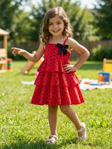 Girls' Summer Polka Dot Layered Halter Dress, Bottom Dots Vintage Style, Bow Decor, Sweet and Versatile, Ages 3-8