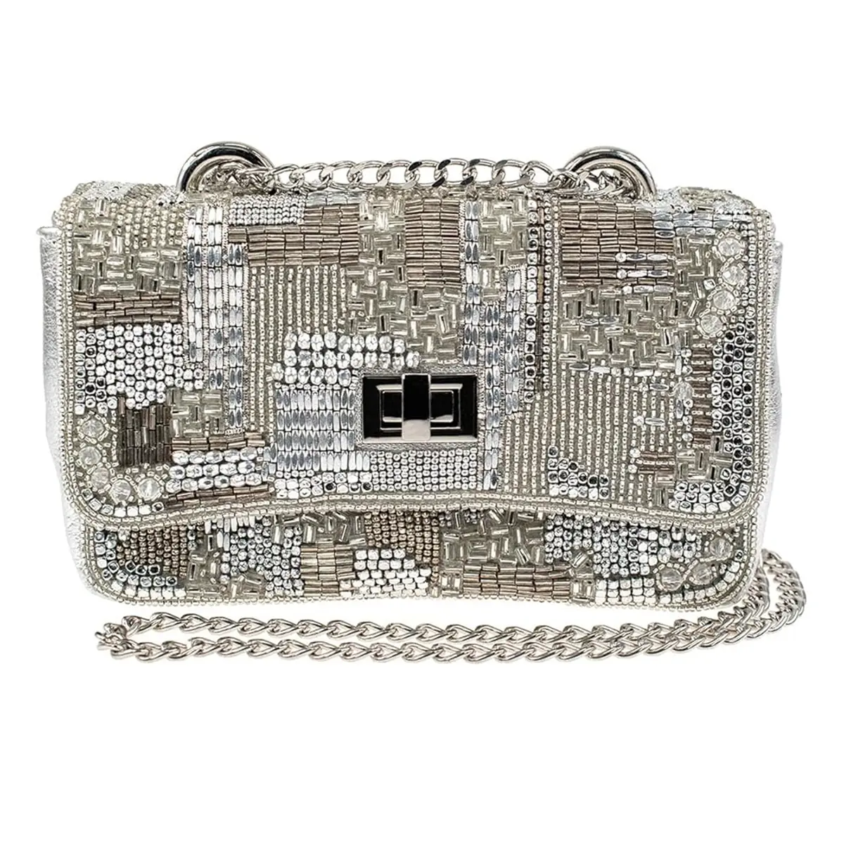 Mary Frances Elegant Beaded Leather Crossbody Bag for Women, Compact Convertible Silver Evening Clutch and Wristlet, Beading, Day-To-Night, Multi-Use, Day-Night Use