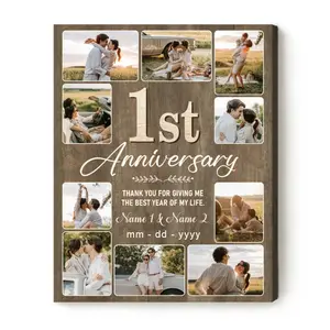 First Anniversary Personalized Photo Collage Canvas - 1st Year Marriage Keepsake - Photo Gift for Boyfriend, Custom Canvas Wall Art with Name & Date, Festive Design, Printed in USA