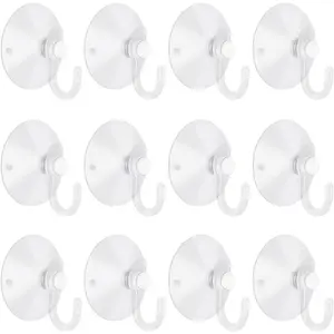 12 Pieces Small Suction Cups with Hooks 1.2 inch Clear Plastic Sucker Hooks for Glass Window Wall Festivals Parties Theme Carnival Decoration Door Bathroom Kitchen