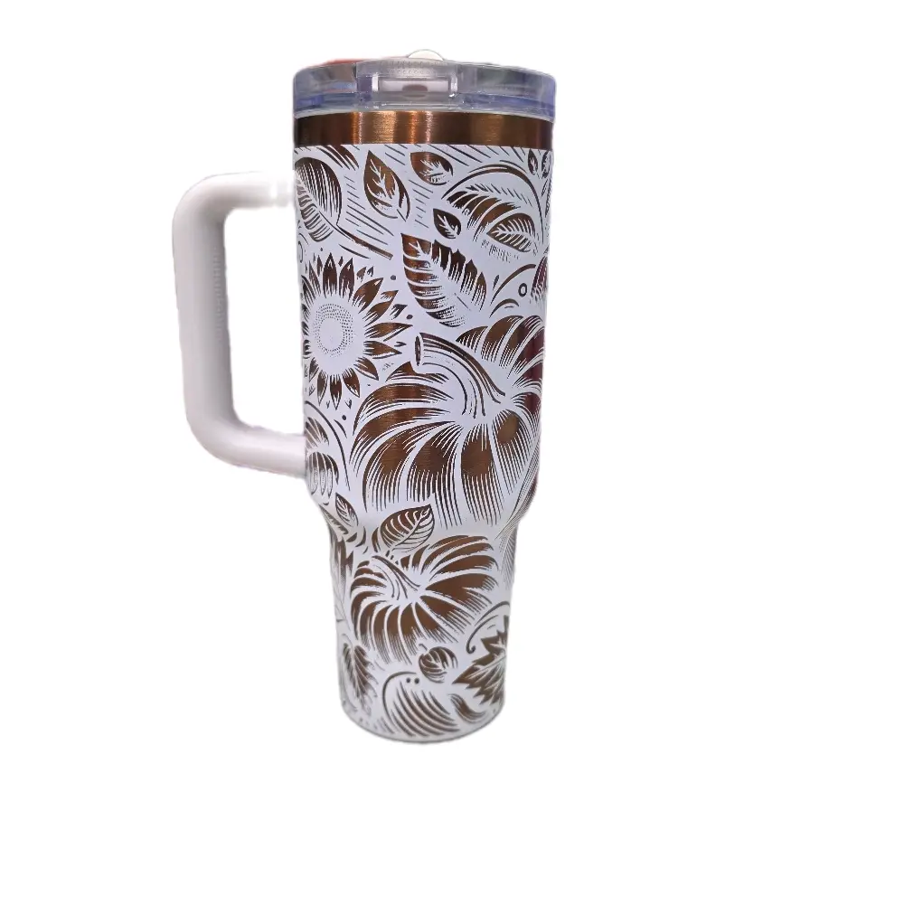40oz Laser Engraved Tumbler with Pumpkin Sunflower Floral Motifs - Kitchenware Drinkware for Coffee & Everyday Use