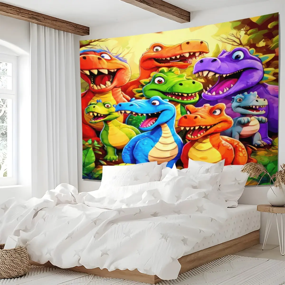 Cartoon Dinosaur Print Tapestry, Colorful Jungle Style Wall Hanging, Perfect Tapestries for Kids Bedroom Decor, Vivid Digital Print Design, Ideal Tapestrys Gift for Dinosaur Lovers, Great for Boys Room, Playroom & Dorm Wall Art