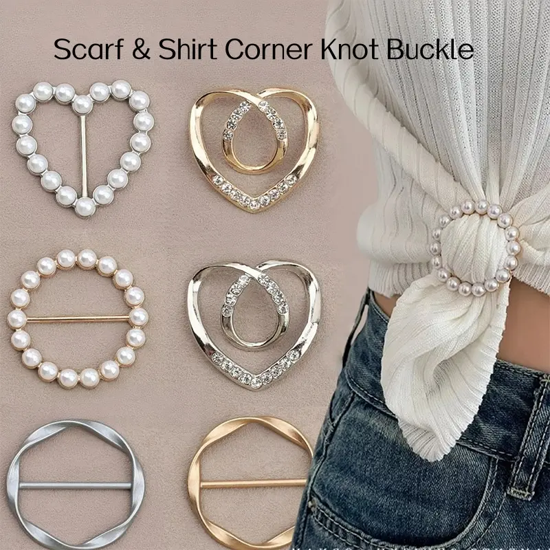 Fashion Scarf Ring Clips, Metal Pearl Heart Twist Round Scarf Tying Buckle, Elegant Shirt Corner Fastener Clips, Decorative Clothing Waist Tighten Fixed Clasp, Multi‑Style Outfit Accessories for Women Daily Party Dating