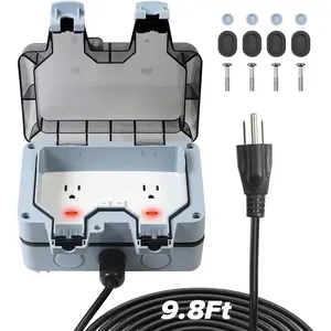Outdoor Power Outlet Box with 9.8Ft Extension Cord, Switches & LED Indicator Electrical Outlets Extender, 14 AWG 15 AMP 5-15R, Waterproof IP66, Wall Socket with Cover for Garden