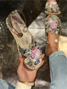 Bohemian Handmade Beaded Embellished Floral Flat Sandals Women's Open Toe Two Way Slippers Summer Beach Shoes