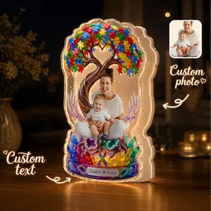 Personalized Photo Light Box Custom Text Acrylic LED Desk Plaque Double Layer Family Tree Night Light Keepsake Gift For Mom Gift For Dad Gift For Her Gift For Him Home Decor Mothers Day Fathers Day Birthday Gift