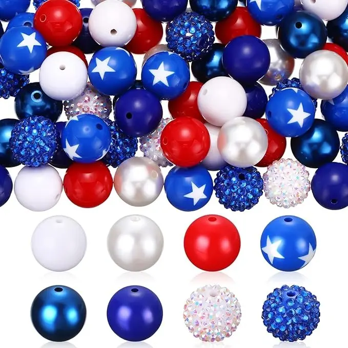48 Pcs Independence Day Bubblegum Beads 20 mm Bulk 4th of July Patriotic Beads Acrylic Plastic Beads Spacer Gumball Loose Beads for Independence Day DIY Bracelet Pendant Necklace Decor