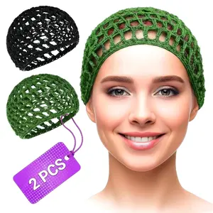 2 Pcs Crochet Hair Net for Sleeping – Breathable Mesh Hair Wrap Net, Lightweight Polyester Wrap Cap for Night Protection & Styling – Stretch Size May Vary 0.5–1", Home & Salon Use (Black & Green)