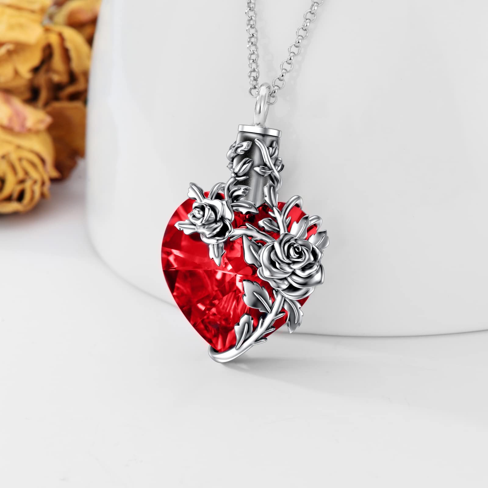 MEIDERBO Jewelry Rose/Lotus Urn Necklace 925 Sterling Silver Heart/Teardrop Crystal Memorial Jewelry Pets and Family Memorial Necklace for Women