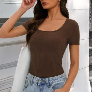 Women's Short Sleeve Scoop Neck Ribbed Knit Skinny Slim-Fitted Basic Rayon T-Shirt - Soft, Comfy Womenswear Essential for 2026 Summer & Spring Casual Outfits /W6,summervibes