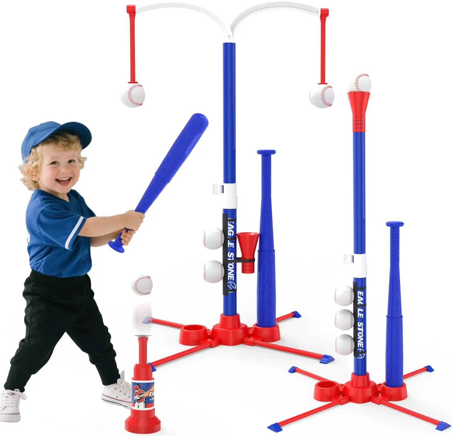 EagleStone 3-in-1 T-Ball Set for Kids 3-12 with 2 Bats,2 Hanging Tees | TToddler Baseball Toy with 6 Balls, Batting Stand and Tee Popper Launcher, Indoor...