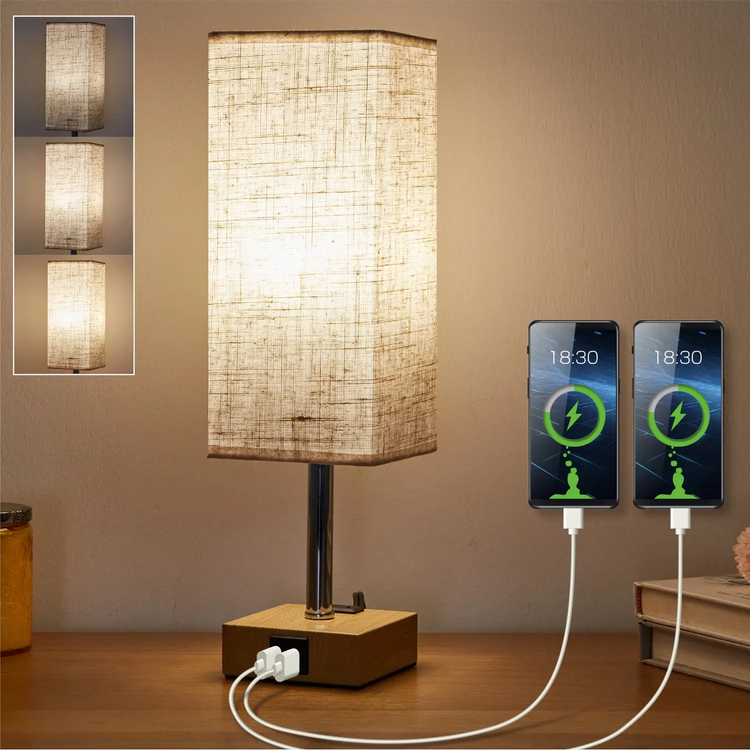 Touch Control Dimmable Table Lamps, Dimmable USB Lamp Include One LED Bulb, Fabric Shade Lamp Built in 1 USB 1 Type C Ports & 1AC Outlet, Bedside Lamp