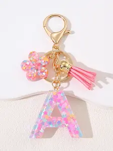 Sequined Letter Keychain Resin Pendant, Personalized Student Backpack Charm, Women's Handbag Decoration, Elegant Floral Tassel Key Chain Gift