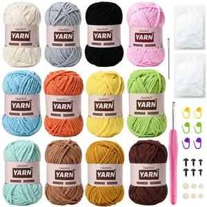 12 Pack Chenille Velvet Yarn - Baby Yarn for Crocheting Soft - Amigurumi Yarn Set with 600g(787yd) Crochet Yarn Crochet Hook、Stitch Markers、Fluffy Stuffing、Accessories A