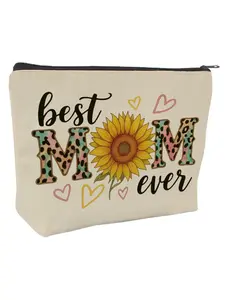 Best Mom Ever Makeup Bag, Sunflower Canvas, Leopard Print, Heart Shape, Perfect Gift for Mother's Day, Birthdays, Cosmetics Organizer