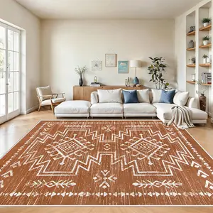 Bohemian Style Caramel Color Indian Geometric Pattern Area Rug, Soft Comfortable Floor Mat for Bedroom Kitchen, Easy to Clean and Store