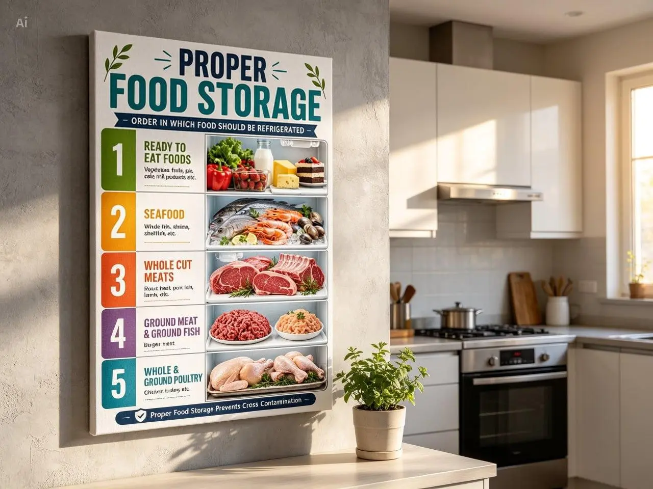 Proper Food Storage Refrigerator Guide Poster Kitchen Food Safety Wall Art Fridge Organization Chart Prevent Cross Contamination Food Storage Order Educational Print Restaurant Cafe Kitchen Decor Chef Gift Culinary Classroom Food Handling Sign