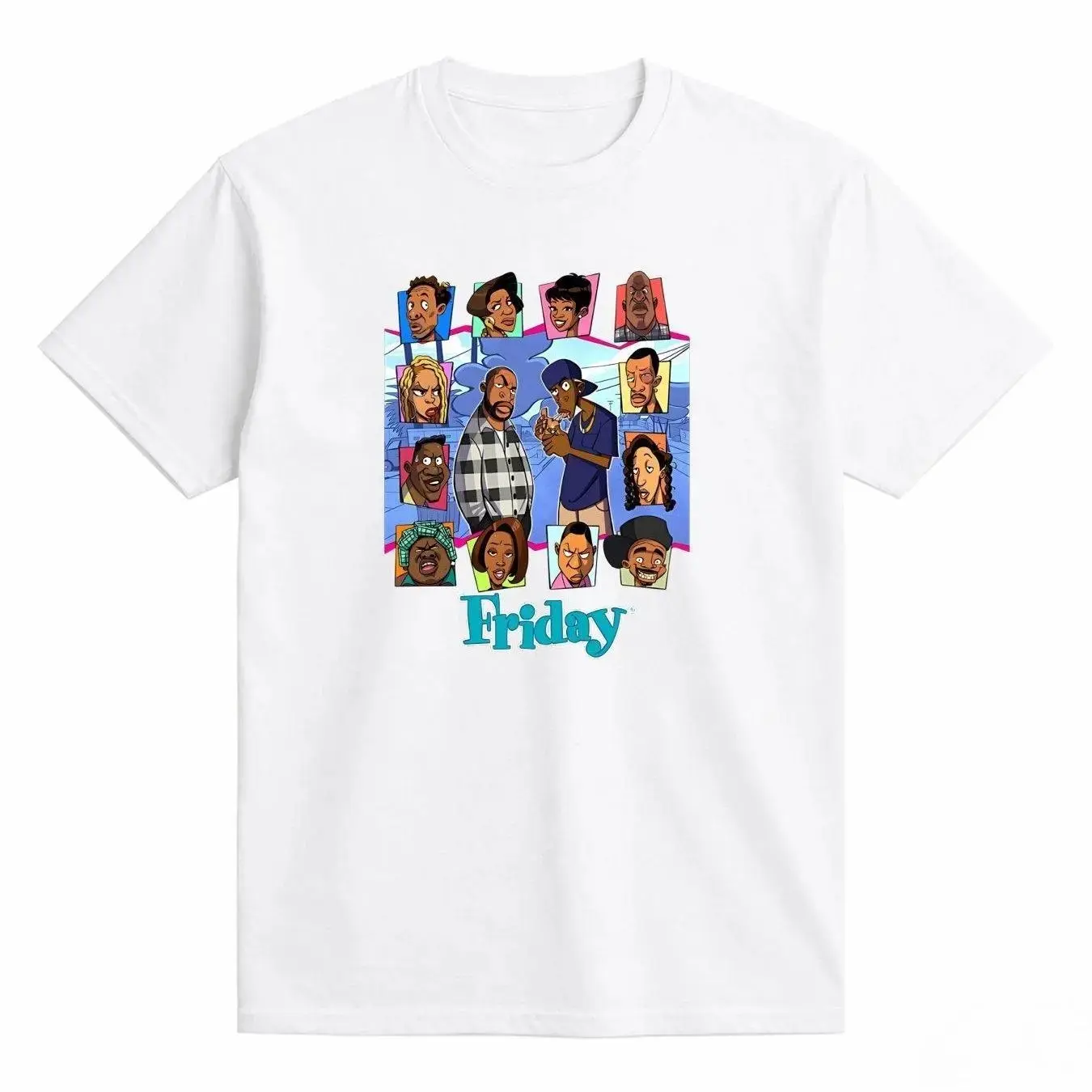 Men's Graphic T-shirt with Friday Movie Animation, Soft Stretch Fabric, Casual Regular Fit, Short-Sleeve, Round Neck, Multi-Function, Jeans, Friday Theme, Movie Graphic, Sport, Graphic Art