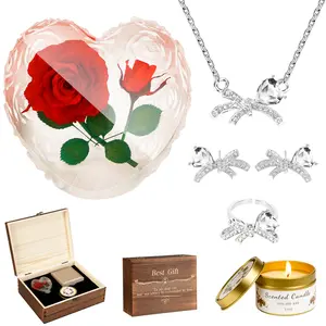 CLTTCLLCT Preserved Roses Gift Set with Crystal Heart Necklace, Scented Candles & Organiser - Romantic Eternal Gifts for Wife, Girlfriend on Valentine's Day, Anniversary