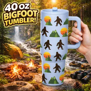 1pc 40oz Bigfoot Camping Tumbler With Handle And Lid, Sasquatch Mountain Sunset Print Stainless Steel Insulated Travel Mug, Double Wall Vacuum Cup, Vacuum Flask, Keeps Drinks Cold 12H Hot 6H, Large Capacity Coffee Cup Gift For Hikers Outdoor Lovers Men