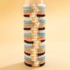 15/30pcs Elegant Cross Glass Bead Bracelet Set, Bracelets for Women, Bracelets Stack, Bracelet for Women, Braclets, Friendship Bracelet, Multi-Layer Stretch Wristband Jewelry for Daily Wear And Party Occasions