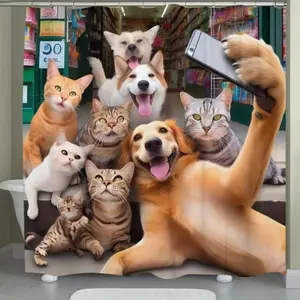 1pc Polyester Dog Cat Selfie Shower Curtain, Cartoon Humorous Design, No-Drill Installation, Machine Washable, Vibrant Home Bathroom Decor with Hooks, Household Textile Accessory