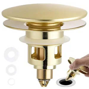 Hibbent Universal Bathroom Sink Stopper 2 in 1 Pop Up Metal Sink Drain Strainer with Hair Catcher, Fit for 1.1~2.36" Sink Basin Hole, Not for Bathtub, Big Cover Cap, Anti-clog, Brushed Gold