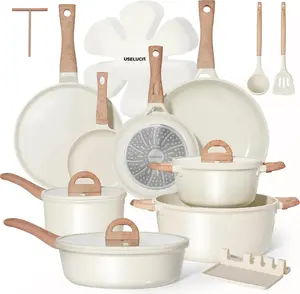 USELUCK Pots and Pans Set Non Stick Non-Toxic 22 Pcs Ceramic Cookware Sets Nonstick Kitchen Pot&Pan With Lid Cream White Granite Induction Compatible with Glass Lids Crepe Frying Pan PFOA/PFOS-Free, Cooking Pan Set