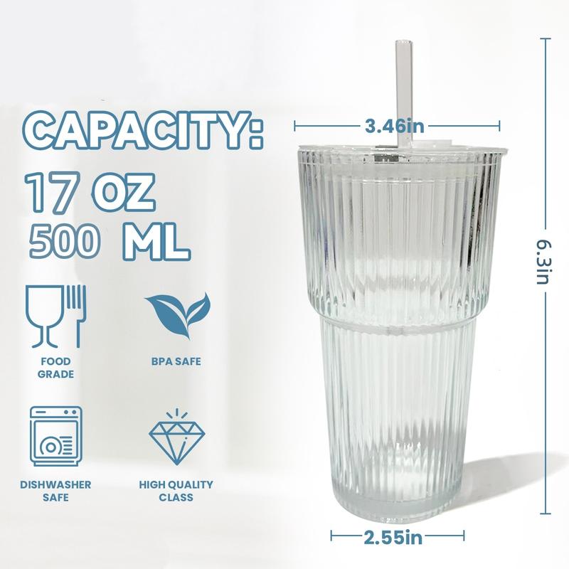 Glass Coffee Cups with Lids and Straws, Vintage Ribbed Glass Tumblers, Leakproof Design, Reusable Glass Cup for Iced Coffee Stylish Drinkware