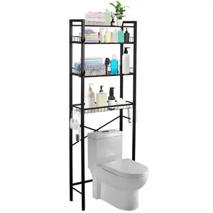Over The Toilet Storage Rack, 4 Tier Freestanding Space Saver Bathroom Shelf, Adjustable Bathroom Stand Organizer with Paper Holder and 3 Removable Hooks