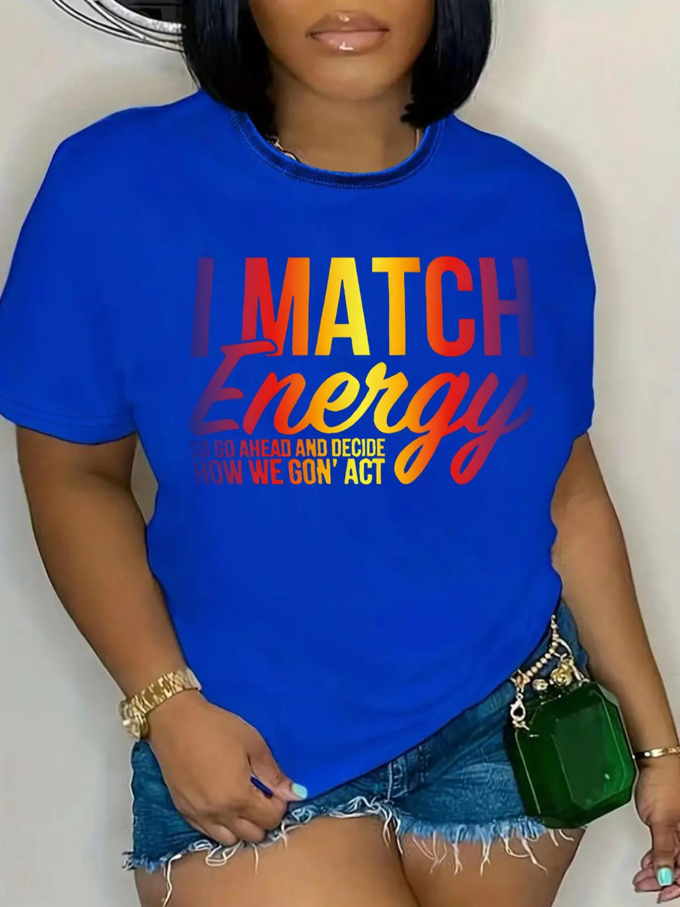 【Plus Size】 "I MATCH ENERGY" Slogan Print Round Neck Short Sleeve Tee, Fashion Casual Crew Neck T-shirt for Daily Holiday Vacation Outdoor Wear, Women