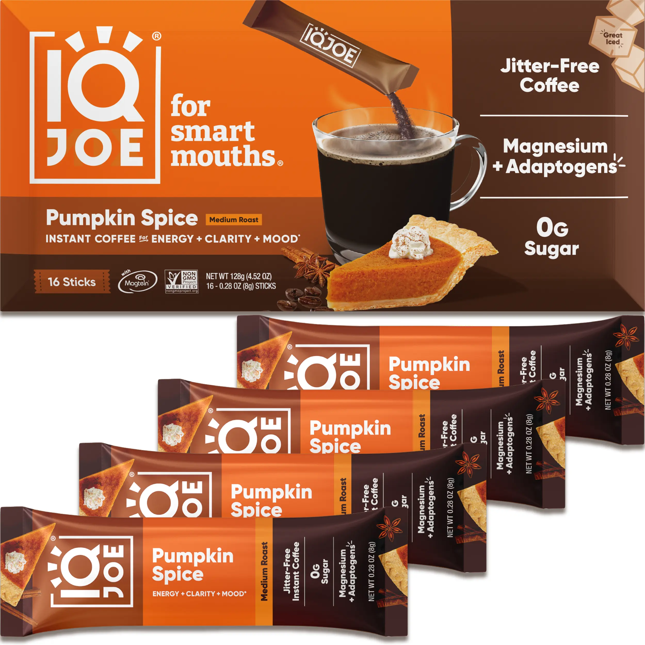 IQJOE Pumpkin Spice (16 Sticks) - Functional Mushroom Coffee Packets with Lion’s Mane - Sugar Free, Keto, Vegan Clarity and Mood Enhancing Coffee - Limited Edition