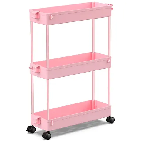 3-Tier Lightweight Plastic Rolling Storage Cart with Wheels - Waterproof Wipe-Off Slim Reinforced Rods Utility Organizer Racks with Slide for Small-Space Hero Bathroom, Kitchen Home Apartment