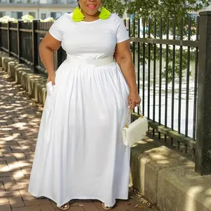 GGFL Women Solid Color High Waist Flared Short Sleeve Plus Size Midi Dress.Plus Size Solid Color High Waist Flowy Short Sleeve Midi Dress.Solid High Waist Flared Short Sleeve Plus Size Dress