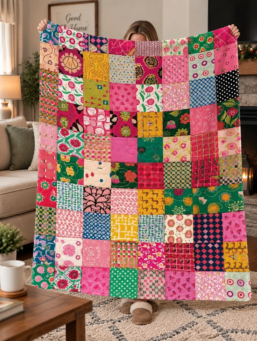 Colorful Patchwork Flannel Throw Blanket, Bright Floral and Geometric Quilt-Inspired Design for Couch, Bed, Bedroom, and Eclectic Home Decor