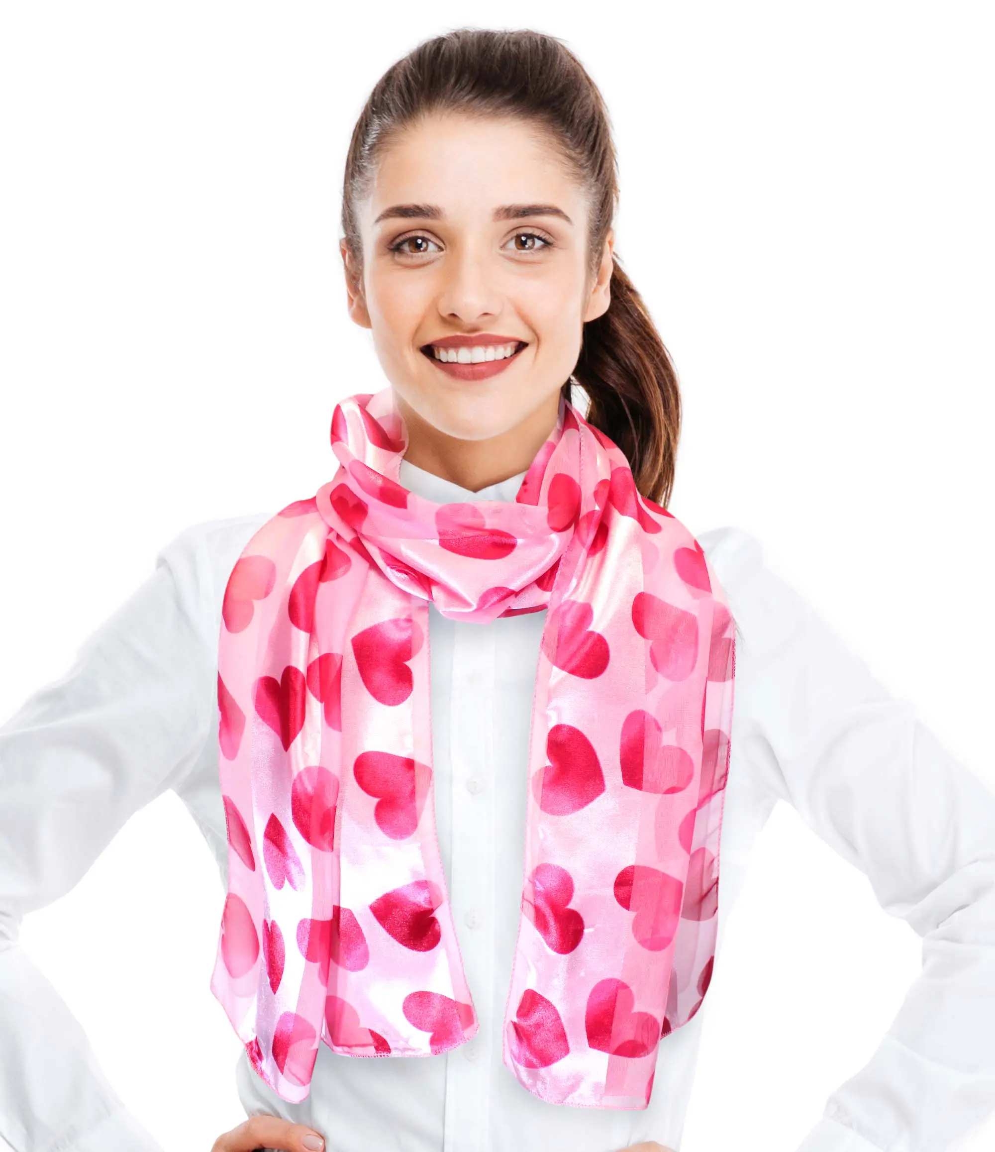 CBC Crown Women's Heart Print Silk-Feeling Polyester Scarf, Chic Lightweight Rectangular Wrap for Daily All-Season Wear, Pink 13" x 60", Casual, Everyday, Scarf Print Scarves & Shawls, All Seasons