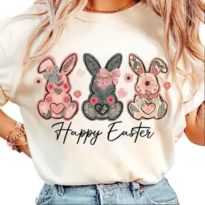 Happy Easter Floral Bunny Comfort Colors T-Shirt, Coquette Bow Rabbit Graphic Tee, Cute Girly Spring Holiday Shirt, Easter Outfit Gift for Women