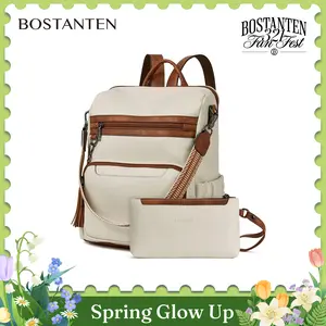 BOSTANTEN Backpack for Women Leather Womens Backpack Purse 2PCS Laptop Backpack Large Ladies Shoulder Bags with Wristlet