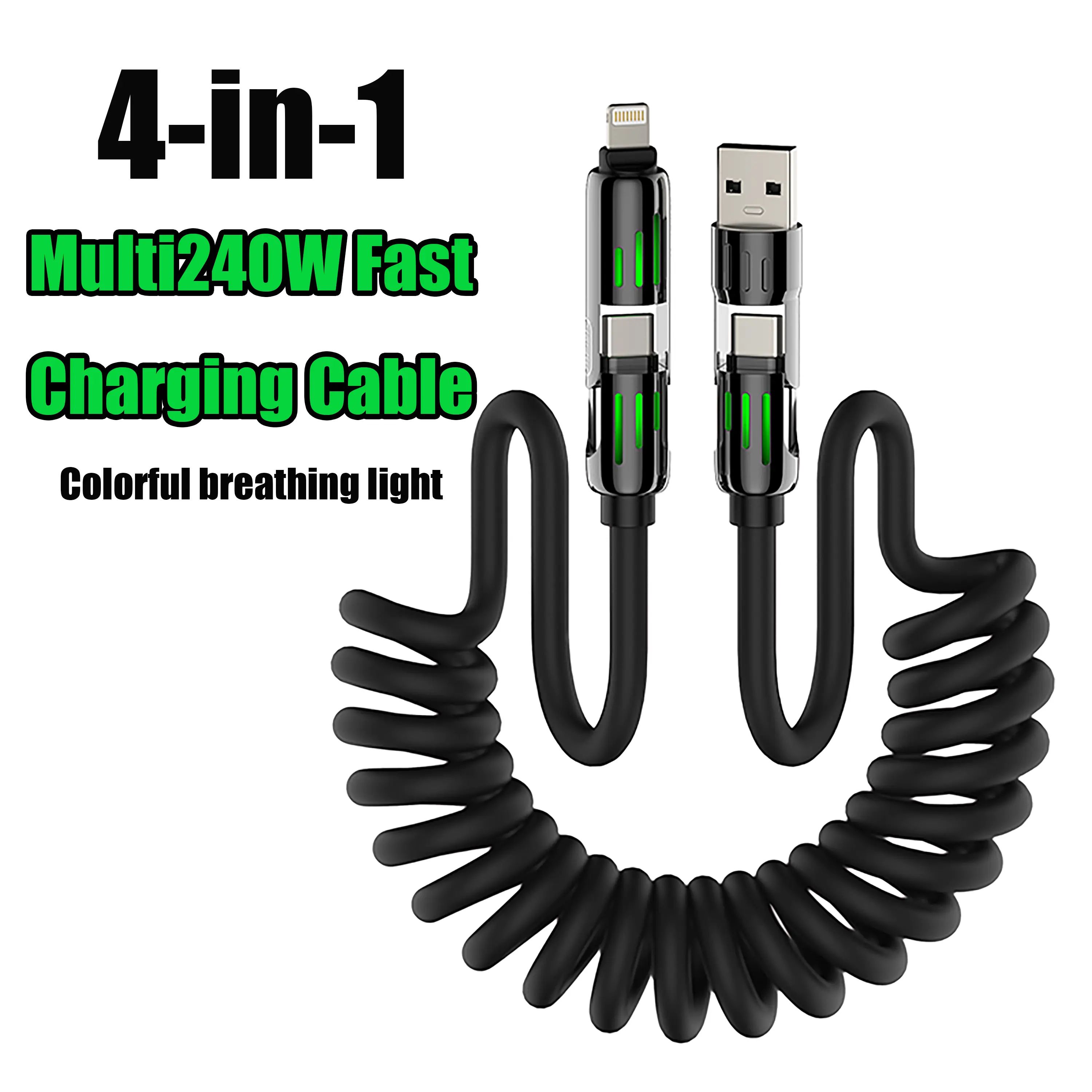 240W Four-in-One Elastic Winding Universal USB Charger Data Cable, Supports PD Fast Charging, Data Transmission, USB-A, Type-C, Lightning Interface, Intelligent Compatibility