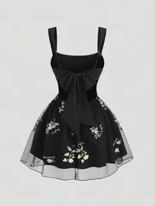 Spring/Autumn French Style Apricot Embroidered Square Neck Mini Dress