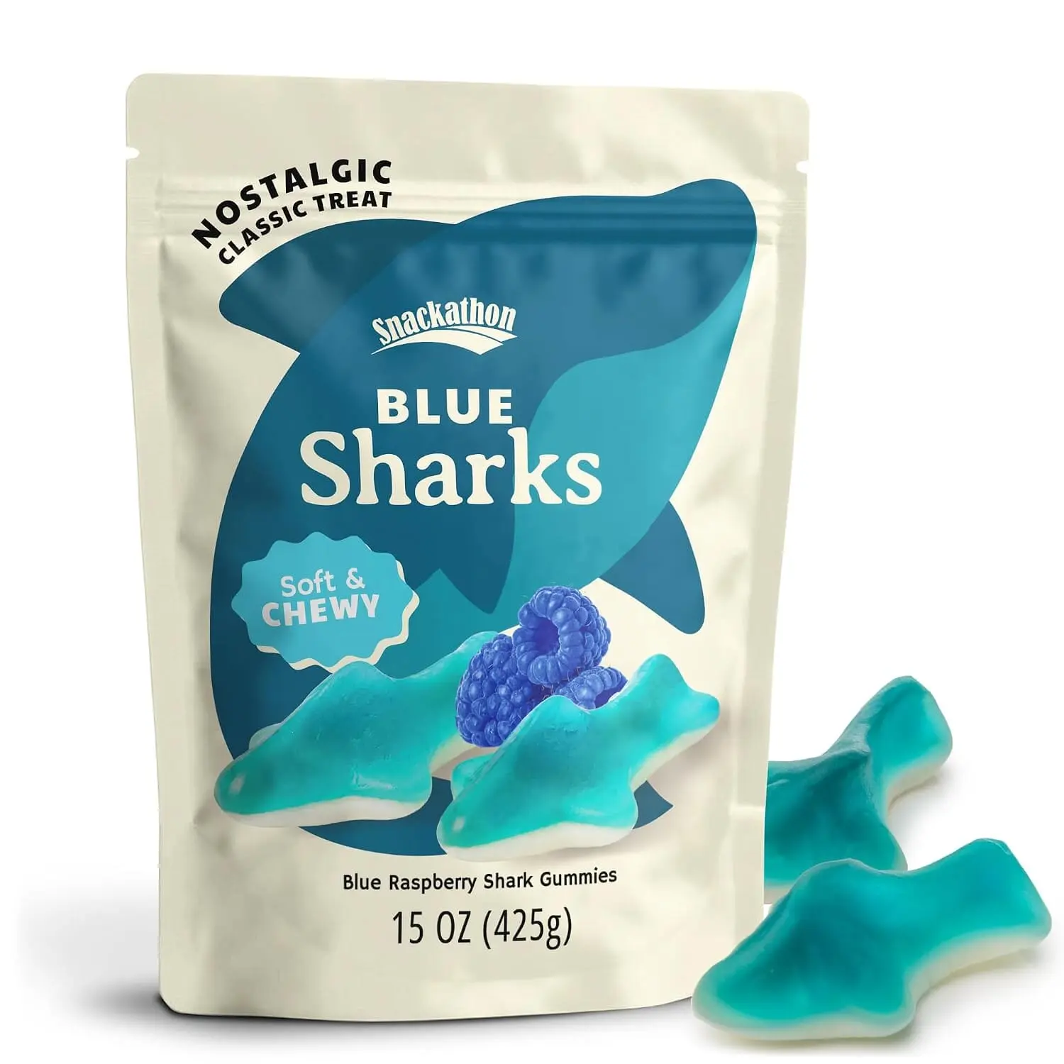 Snackathon Gummy Sharks Candy, Soft & Chewy Blue Raspberry Gummies, Resealable Bag, Classic Ocean Themed Blue Shark Gummies Candy, Gluten-Free, For Parties, Buffets, Decorations & Snacking