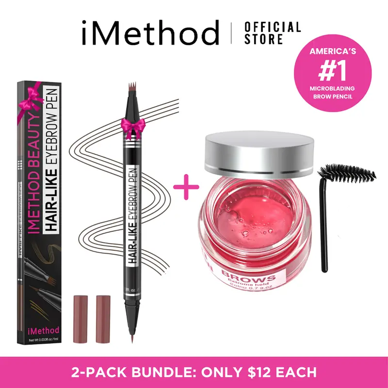 iMethod Pink Eyebrow Makeup Products Multi-Pack - Hair-like Pen, Microblading Pencil with Micro-Fork-Tip Applicator, Waterproof Sweat-Proof Gel, Pen Eyebrow Paste, Makeup
