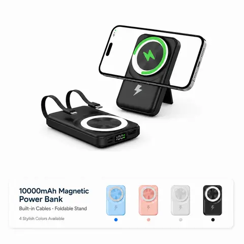 ARTCYBER 10000mAh Durable Magnetic Power Bank Charger - Foldable EDC, Hidden Stand, Built-In Cables, USB Compatible, 22.5W Wired/15W Wireless Output, LED Display, 5-Device Charging for iOS/Android