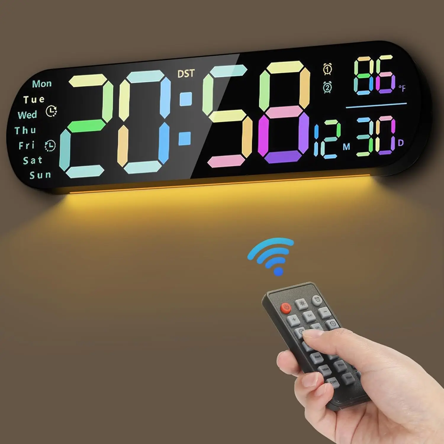 Sailstar Modern Plastic Large Digital Wall Clock with Remote, 13.7" LED Display, RGB Color-Changing Night Light, USB Port, Adjustable Brightness, Eye-Friendly, with Time, Date, Temp, Week, Countdown, 12/24H for Living Room Decor, Room Accessories