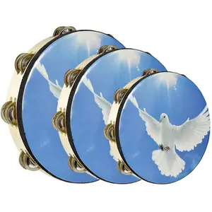 6/8/10 Inch Double Row Stainless Steel Bells Wooden Frame Round Tambourine Hand Drum, 1 Count Peace Dove Pattern Drumhead, Music Accompaniment Drum, Percussion Instrument