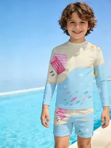 Spring and Summer Collection Pink Floaty Fish Waves Star Sun Boys' Leica Shorts + Long Sleeve Swimsuit Set two-piece sun protection Quick-drying and breathable, skin-friendly and soft beach vacation, versatile and casual children's separate swimsuit