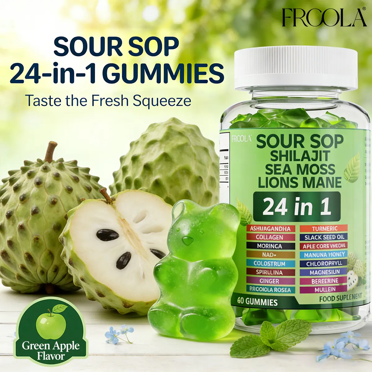 Frcola Soursop 24 IN 1 Gummies Supplements- Soursop, Shilajit, Sea Moss, Lion Mane All in One Diary supplement, Healthcare, Boost Immune, Vitamin