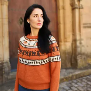 Women's Autumn Fair Isle Sweater – Pumpkin Orange Knit Pullover with Halloween Cat and Geometric Pattern for Cozy Seasonal Style-D230953