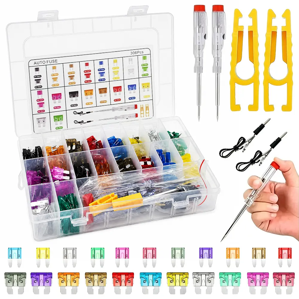 Automotive Blade Fuse Assortment Set with Removal Tool & Voltage Test Pen, Color-Coded Fuse Replacement for Auto, Motorcycle, Boat Electrical System Maintenance