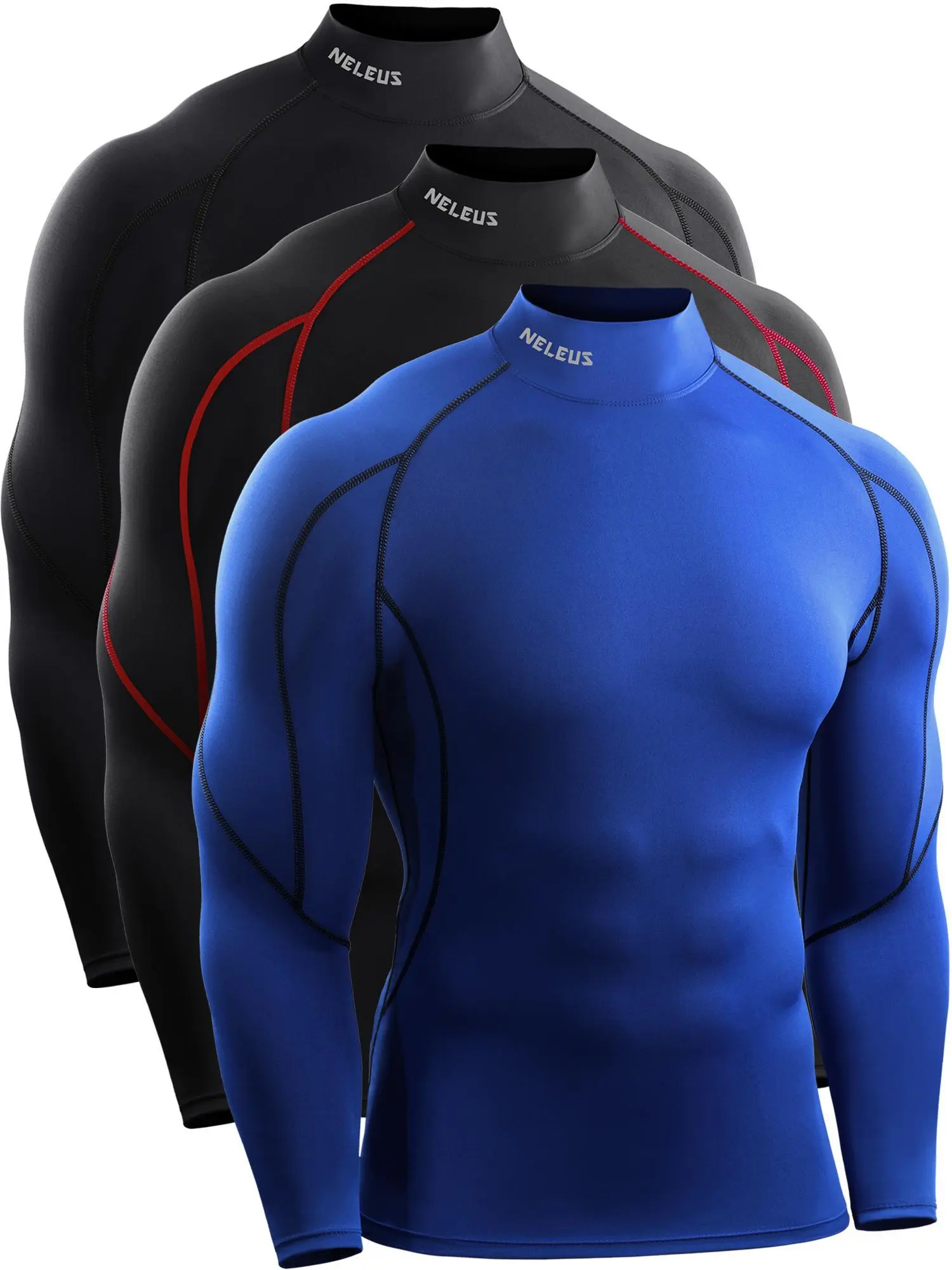 Neleus Men's 3 Pack Long Sleeve Compression Shirts, Moisture-Wicking Lightweight Slim-Fit Athletic Activewear for Running, Gym & Fitness, Activewear Fitness, Athletic Sports Clothing